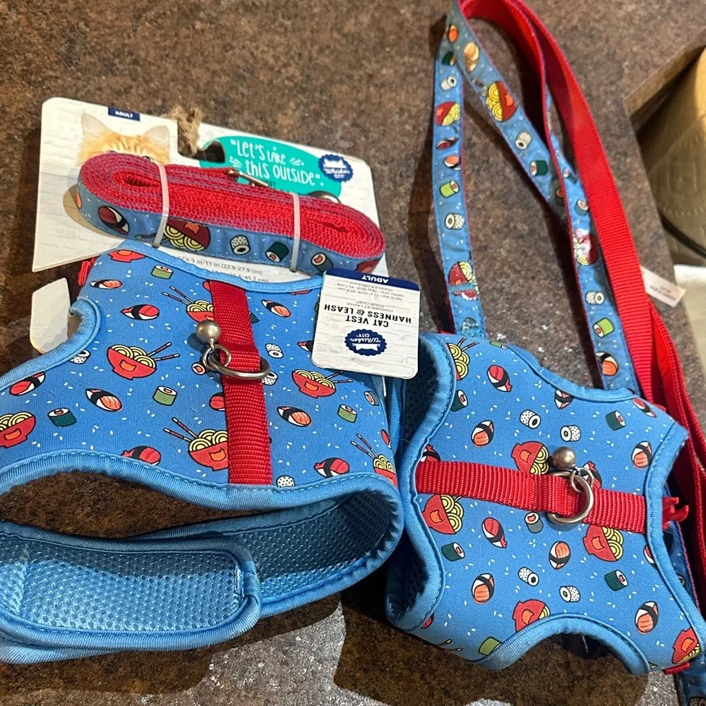 Whisker city Blue and Red Cat kitten and adult Harness Set lot nwt new Raman